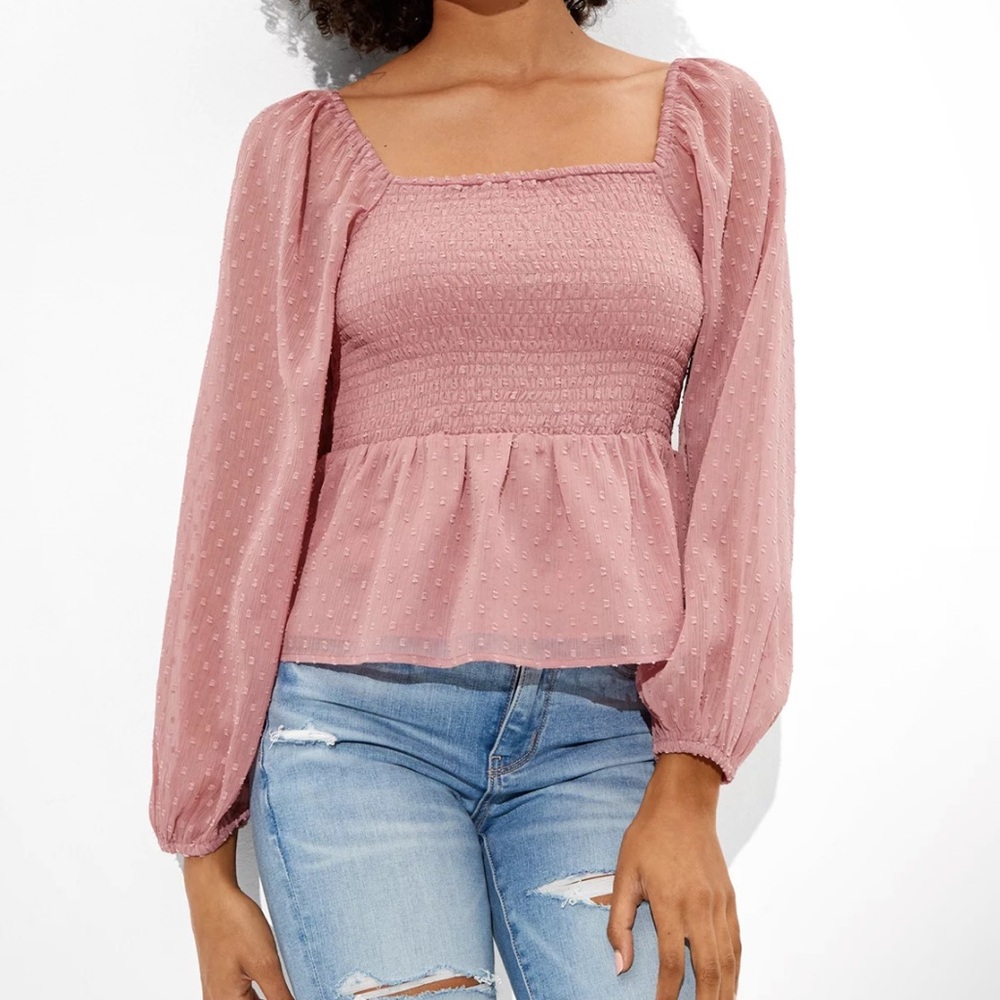American Eagle Smocked Square Neck Blouse Pink Size XS